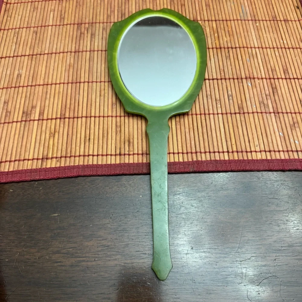Bakelite Celluloid Green Art Deco Vanity Handheld Mirror Vintage Fancy 1920’s